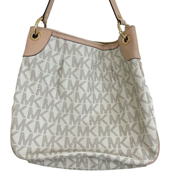 Michael Kors Jet Set Monogram Shoulder Bag Pleated White Tan Signature MK Logo - Picture 2 of 13